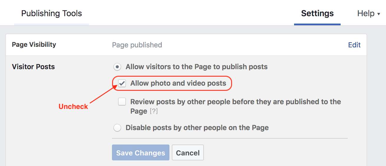 do not allow images and videos on facebook page